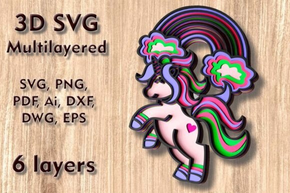 Unicorn 3D SVG Multilayer Laser Cut File for Wall Decor Projects